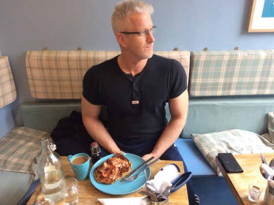 Mac and his breakfast at the Bluebird Cafe, Edinburgh