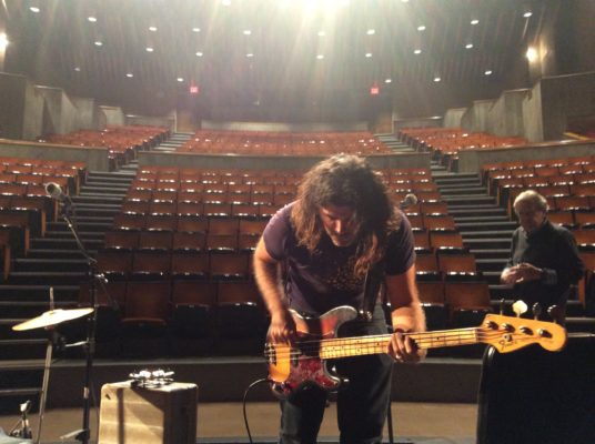 Len sound checking before our gig at Lovinger Theater, Lehman College.
